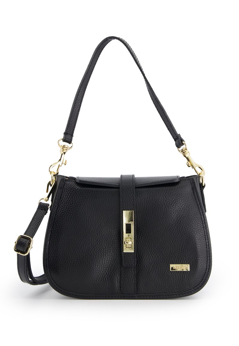 Black leather handbag with a textured surface, gold hardware, a top clasp closure, and an adjustable shoulder strap. Compact rectangular shape.