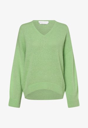 Ljusgrön V-ringad tröja med långa ärmar, tillverkad av mjukt, texturerat stickat tyg. Har en avslappnad passform och ribbade kanter.