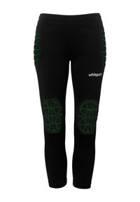 Pantalons de sport noirs avec rembourrage hexagonal vert aux genoux et sur les côtés, dotés d'une taille élastique et d'un logo "uhlsport" en blanc.