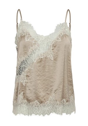 Csipkével díszített bézs selyem top, finom fehér csipkebetéttel a nyakkivágásnál és az alsó szegélyen, állítható spagetti pántokkal.