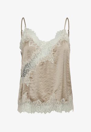 Beige zijden camisole met kanten rand, voorzien van een delicate witte kanten overlay bij de halslijn en zoom, met verstelbare spaghettibandjes.