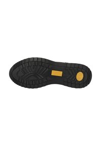 Suola di scarpa in gomma nera con un motivo testurizzato per una migliore presa e un accento giallo con un design a spirale sul tallone.