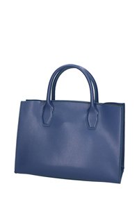 Sac à main en cuir bleu avec deux courtes anses, de forme rectangulaire, finition texturée et couture contrastante le long des bords.
