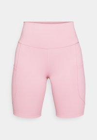 Różowe rowerowe szorty z vysokim stanem, wykonane z gładkiego, elastycznego materiału, z bocznymi kieszeniami i płaskimi szwami, które redukują otarcia.