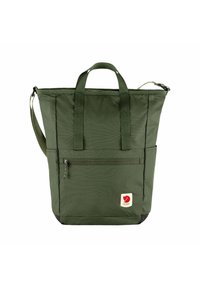 Sac fourre-tout vert olive en tissu résistant, avec une poche zippée à l'avant, deux poignées courtes et une bandoulière amovible.