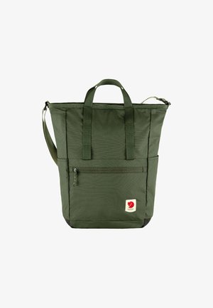 Sac fourre-tout vert olive en tissu résistant, avec une poche zippée à l'avant, deux poignées courtes et une bandoulière amovible.