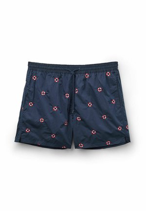 Navy swim shorts featuring a drawstring waist and colorful lifebuoy pattern. Made from lightweight material with smooth texture and side slits.