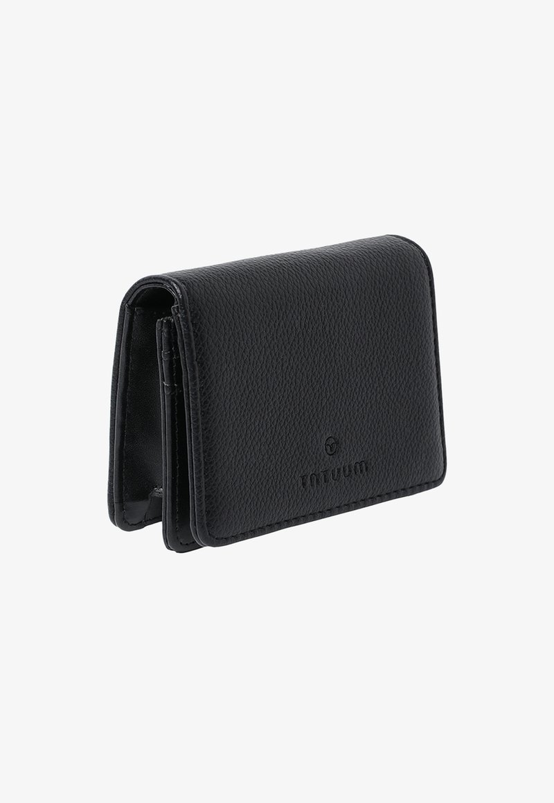 Black leather wallet with a textured finish, compact design, featuring a logo on the front and multiple card slots inside.