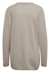 Beige Langarmpullover mit rundem Ausschnitt und glatter Textur. Hat einen lockeren Schnitt und gerippte Ärmelbündchen. Keine Muster oder Verzierungen.
