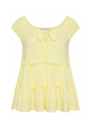 Vestido para niño pequeño en amarillo claro, de manga corta, con volantes en capas y detalle de lazo delantero en el escote redondeado.