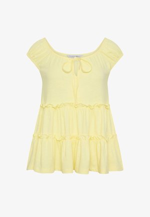 Vestido para niño pequeño en amarillo claro, de manga corta, con volantes en capas y detalle de lazo delantero en el escote redondeado.