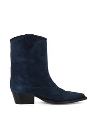 Marineblauer Wildleder-Cowboy-Stiefel mit spitzer Zehenform, dekorativer Stickerei und einem kurzen, gestapelten Absatz. Verfügt über Zuglaschen für ein einfaches An- und Ausziehen.