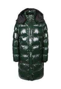 Długi, ciemnozielony, błyszczący, pikowany zimowy płaszcz z wysokim kołnierzem, zatrzaskami i przymocowanym czarnym kapturem.