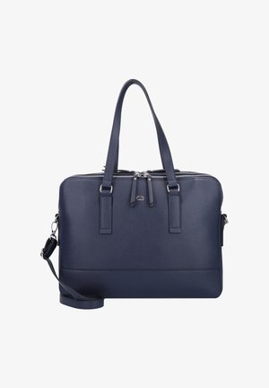 Mallette en cuir bleu marine avec deux poignées supérieures, bandoulière amovible et fermeture à double fermeture éclair avec petit détail de logo en métal.