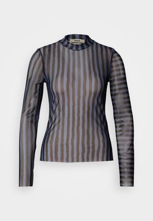 Maglietta a maniche lunghe con collo alto, realizzata in tessuto trasparente con righe verticali in tonalità scure di marrone e blu.