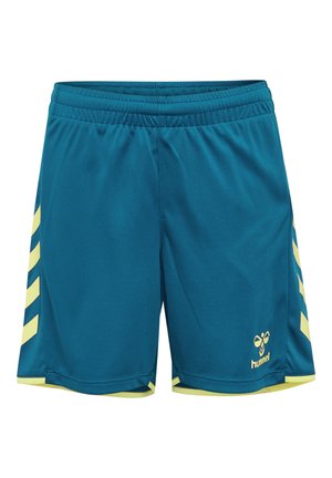Turkusowe spodenki sportowe z żółtymi bocznymi paskami w kształcie litery V, elastycznym paskiem w talii i małym logo hummel na przedniej dolnej części prawej nogawki.