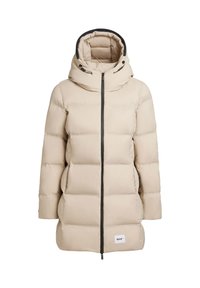 Bézs színű steppelt kabát magas gallérral, cipzáras lezárással, oldalzsebekkel és szürke szegéllyel. Texturált steppelt mintázat, márkajelzéssel a szegélyén.