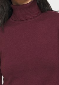 Burgundowy sweter z golfem, wykonany z miękkiej, prążkowanej dzianiny, o dopasowanym kroju i wysokim kołnierzu. Brak widocznych logo lub wzorów.