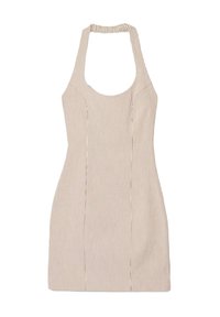 Gestreepte halterjurk in lichtbeige en roest, met een ronde halslijn en een getailleerde silhouet, voorzien van een geplooide accent bij de hals.