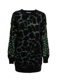 Langärmliges, flauschiges Strickkleid mit schwarz-dunkelgrünem unregelmäßigem geometrischem Muster sowie gerippten Bündchen und Saum.