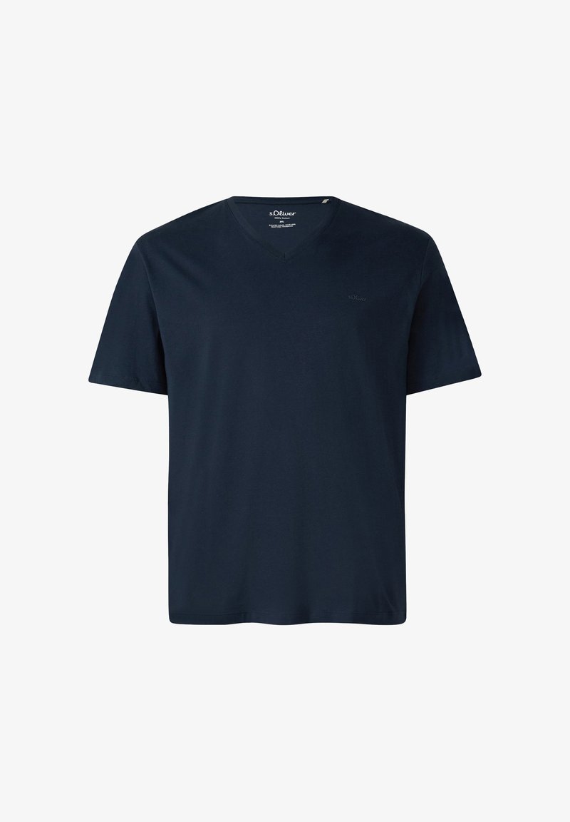 T-shirt bleu marine à manches courtes et col en V, fabriqué en tissu doux. Présente un logo discret sur la poitrine et une coupe ample et décontractée.