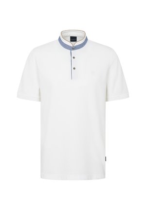 White polo shirt made of smooth fabric, featuring a blue collared neckline with button closure and subtle logo detail on the chest.