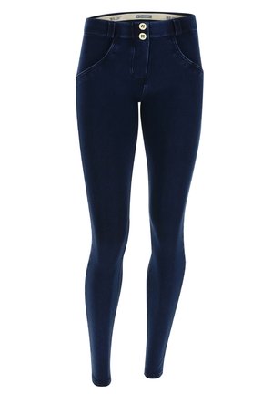 Leggings blu navy realizzati in materiale elasticizzato, con vita alta, due tasche frontali e due bottini alla vita.