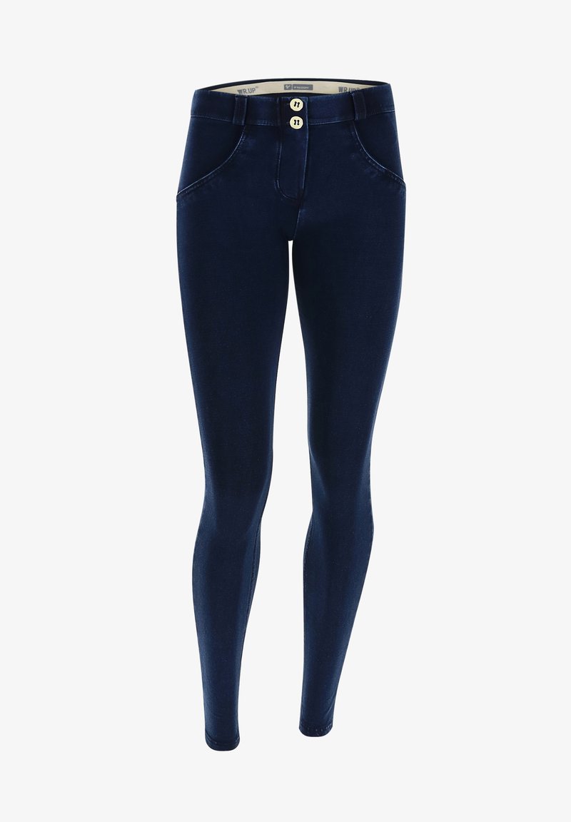 Leggings blu navy realizzati in materiale elasticizzato, con vita alta, due tasche frontali e due bottini alla vita.