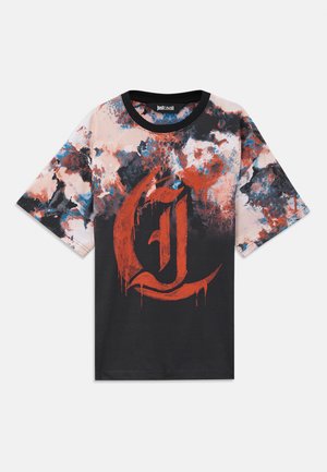 Black T-shirt with multicolor abstract splatter design. Features a large red letter 'J' graphic, round neckline, and short sleeves.