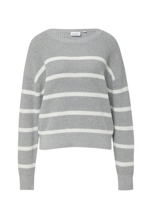 Maglione grigio a maglia con righe bianche, con scollatura rotonda e spalle scese, tessuto testurizzato e orlo e polsini a costine.