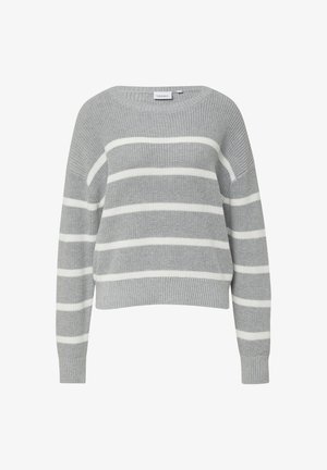 Grauer Strickpullover mit weißen Streifen, runder Halslinie und überschnittenen Schultern, strukturierter Stoff sowie geripptem Saum und Ärmeln.