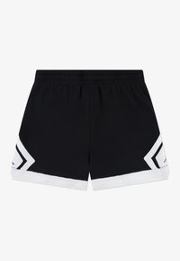 Shorts de sport noirs avec des accents blancs sur les côtés. Dotés d'une ceinture élastique et de motifs triangulaires contrastants près de l'ourlet. Texture de tissu doux.