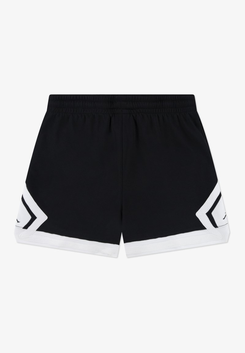 Shorts de sport noirs avec des accents blancs sur les côtés. Dotés d'une ceinture élastique et de motifs triangulaires contrastants près de l'ourlet. Texture de tissu doux.