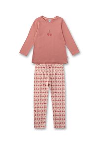 Rosa Langarmoberteil mit Kirschmuster und passenden Leggings mit kleineren Kirschmustern, aus weichem Baumwollmaterial gefertigt.