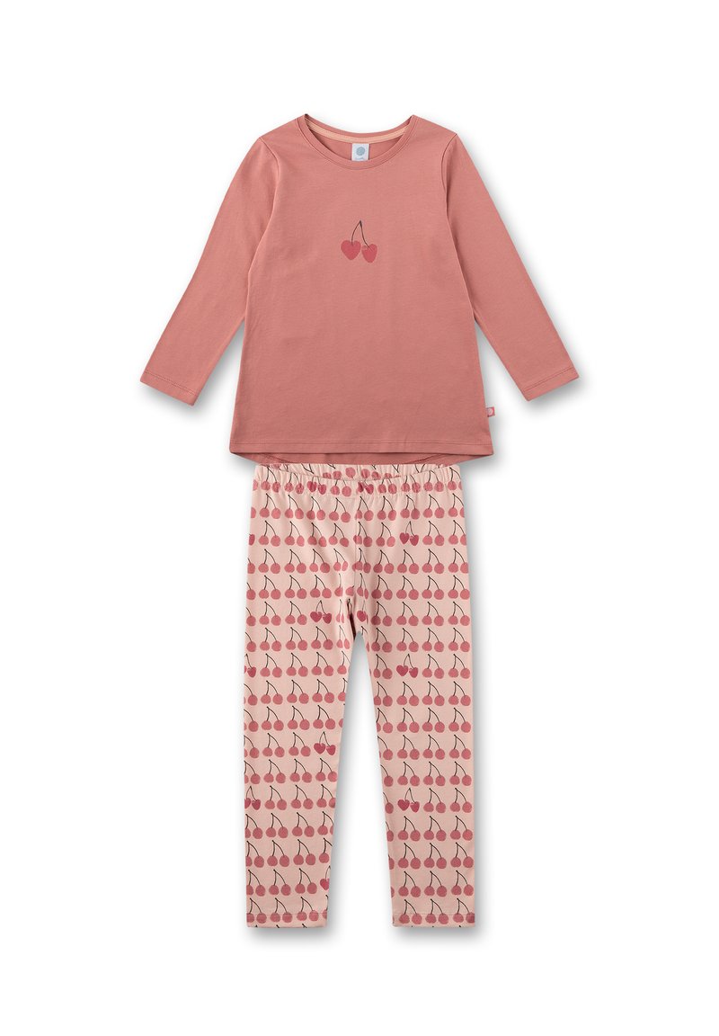 Rosa Langarmoberteil mit Kirschmuster und passenden Leggings mit kleineren Kirschmustern, aus weichem Baumwollmaterial gefertigt.