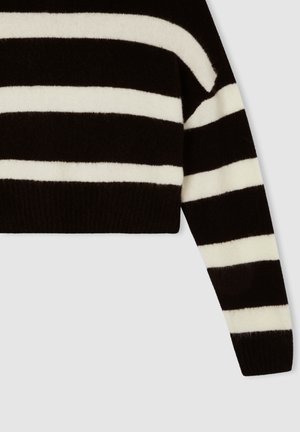 Maglione a maniche lunghe a righe bianche e nere, accorciato in vita, con ampie righe orizzontali e orli a costine.