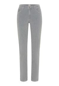 Graue Denim-Jeans mit schlankem Schnitt, ausgestattet mit zwei Vorderaschen, einem Knopfverschluss und geradem Bein. Weiche Textur, klassischer Stil.
