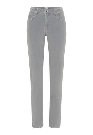 Graue Denim-Jeans mit schlankem Schnitt, ausgestattet mit zwei Vorderaschen, einem Knopfverschluss und geradem Bein. Weiche Textur, klassischer Stil.