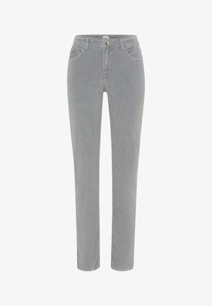 Graue Denim-Jeans mit schlankem Schnitt, ausgestattet mit zwei Vorderaschen, einem Knopfverschluss und geradem Bein. Weiche Textur, klassischer Stil.