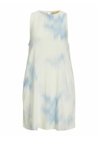 Ärmlös klänning i ljus krämfärg med ett blått abstrakt mönster, med en rund halsringning och en nyckelhålsknäppning bak.