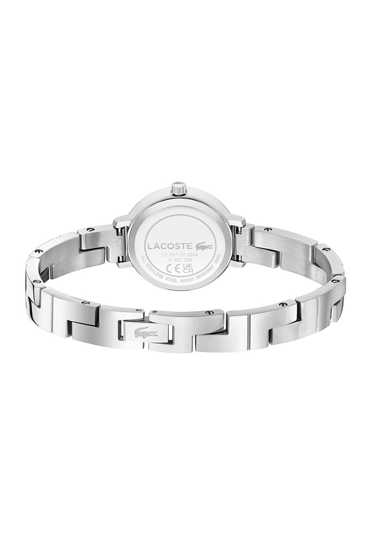 Reloj de pulsera de acero inoxidable plateado de Lacoste con brazalete de eslabones, fondo de caja redondo que muestra el logo de la marca y detalles de resistencia al agua.