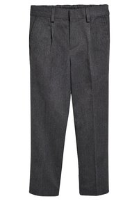 Pantalon gris ajusté en tissu texturé avec une finition lisse. Comprend des poches latérales et un design à jambe droite. Taille élastique incluse.