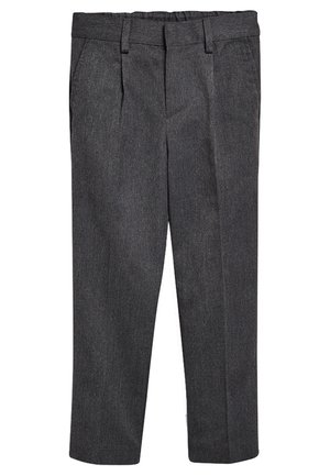 Pantalon gris ajusté en tissu texturé avec une finition lisse. Comprend des poches latérales et un design à jambe droite. Taille élastique incluse.