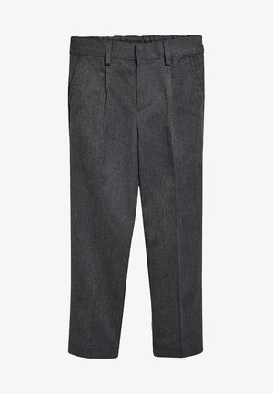 Pantaloni grigi su misura realizzati in tessuto testurizzato con una finitura liscia. Presentano tasche laterali e un design a gamba dritta. Inclusa una vita elastica.