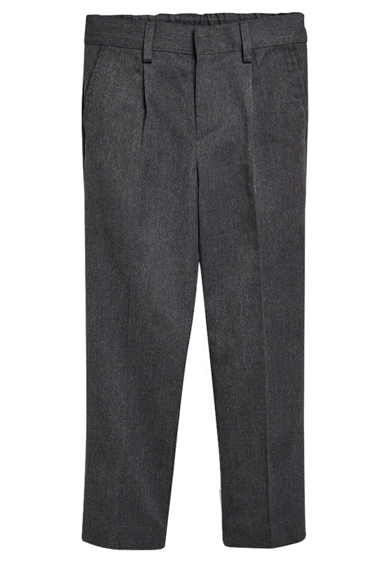 Pantalon gris ajusté en tissu texturé avec une finition lisse. Comprend des poches latérales et un design à jambe droite. Taille élastique incluse.