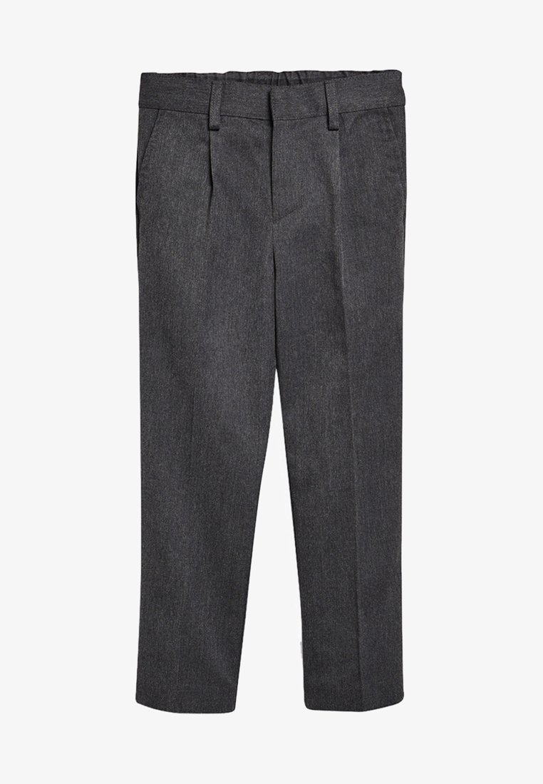 Gray tailored pants made of textured fabric with a smooth finish. Features side pockets and a straight-leg design. Elastic waistband included.