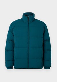 Chaqueta de invierno acolchada en azul verdoso, con mangas largas, cuello alto, cremallera frontal y puños elásticos sobre un fondo blanco.
