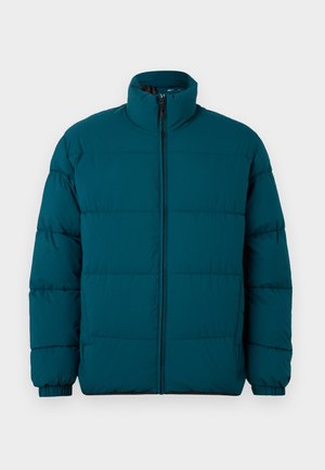 Giacca invernale imbottita blu teal con maniche lunghe, colletto alto, zip frontale e polsini elastici su uno sfondo bianco.