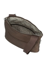 Borsa in tessuto marrone con chiusura a zip, caratterizzata da un esterno liscio e una fodera beige con motivo. Include una tracolla regolabile in tessuto e una tasca esterna.