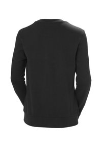 Sudadera negra de cuello redondo. Manga larga, textura suave, puños y dobladillo acanalados. Diseño minimalista con una superficie trasera lisa, sin marcas visibles.